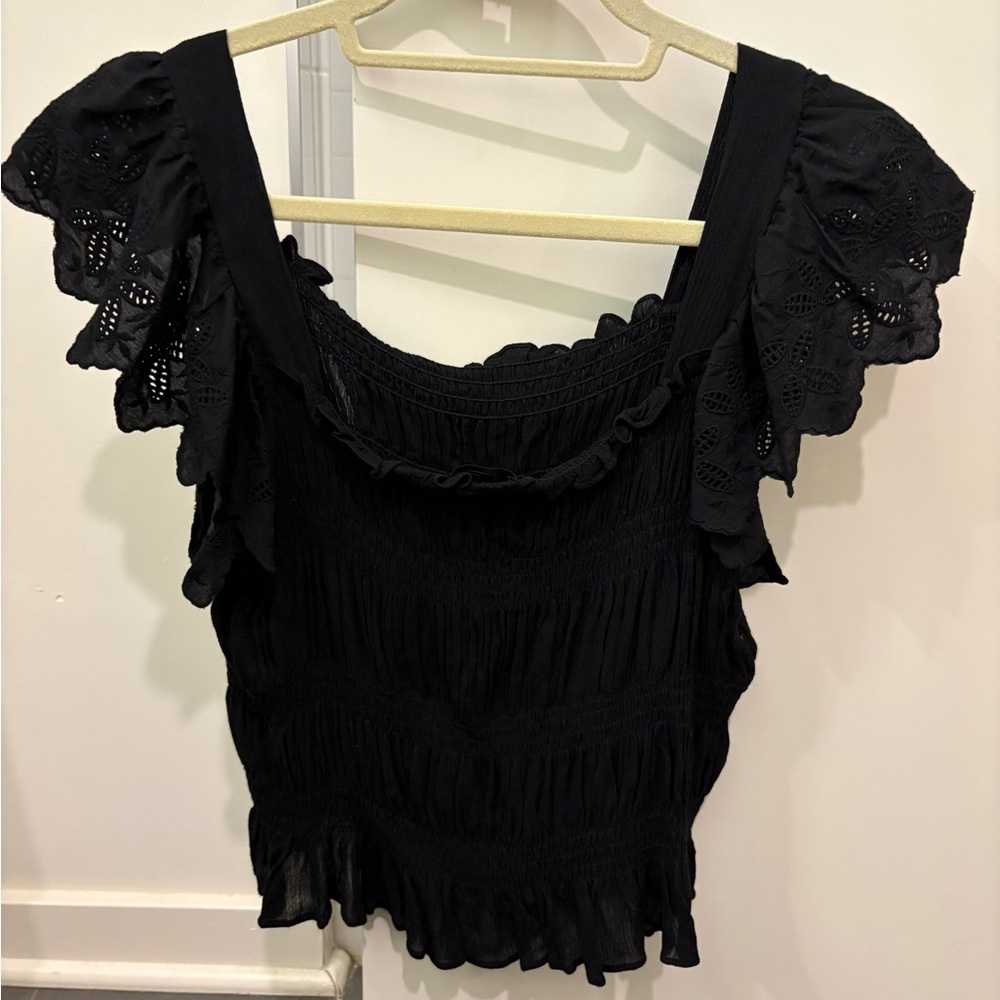 Aqua Black Smocked Lace Sleeve Blouse